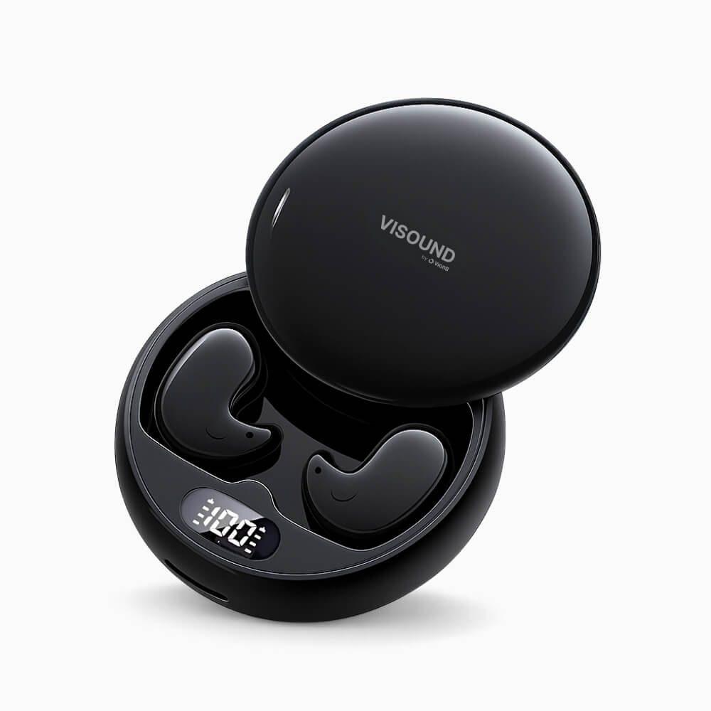 Black Visound wireless earbuds in an open circular charging case featuring the Visound logo, two black earbuds with subtle smile-like details, and a digital display showing 100, presented on a white background