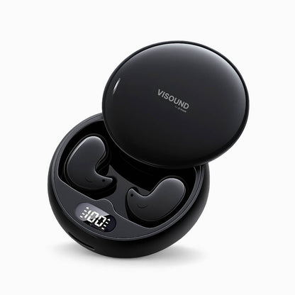 Black Visound wireless earbuds in an open circular charging case featuring the Visound logo, two black earbuds with subtle smile-like details, and a digital display showing 100, presented on a white background
