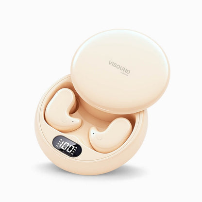VISOUND by O Vone nude wireless earbuds in their open charging case, displaying 100% battery on a digital screen, with ergonomic bean-shaped earbuds featuring tiny dot details, all on a white studio background